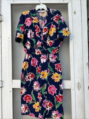 Vintage Floral Midi Dress in Navy with Multicolor Blooms
